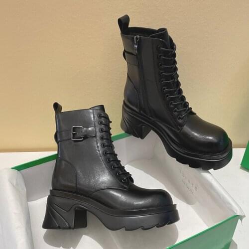 Women Motorcycle Boots Wedges Flat Shoes Woman Platform Genuine Leather Boots Lace Up Women Shoes Black Boots Girls