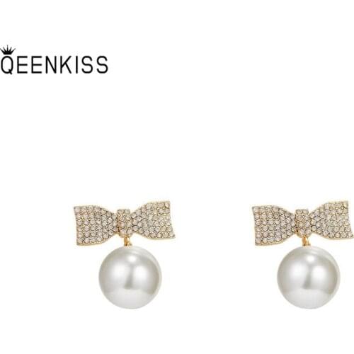 QEENKISS EG745 Fine Jewelry Wholesale Woman Girl Birthday Wedding Gift Bow AAA Zircon 925 Sterling Silver Needle Stud Earrings