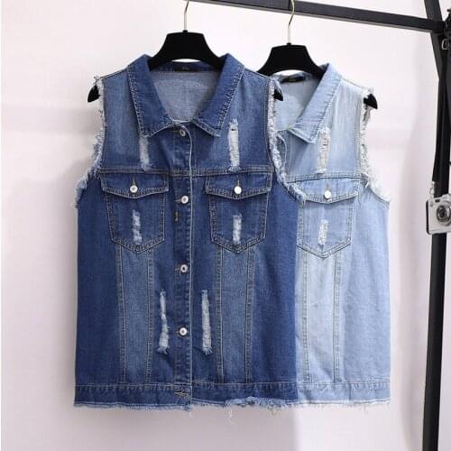 Womens Sleeveless Jacket ripped holes big large Waistcoat Female Denim Vest Single-breasted Plus Size Jeans Coat 5XL 6XL JC199