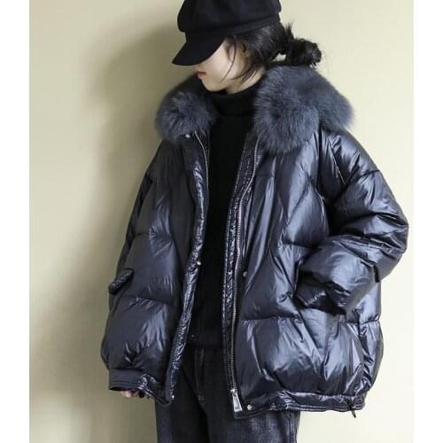 Women 2020 Winter Casual White Duck Down Coat Female Real Fox Collar Short Down Jacket Ladies Loose Thick Zipper Outwear L164