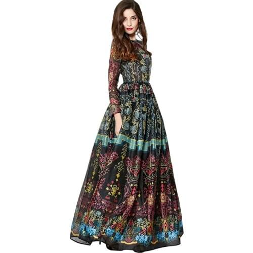 S-XXl High Quality 2018 Summer And Autumn New Fashion Retro Printing Long-Sleeved Temperament Banquet Women Dress Free Shipping