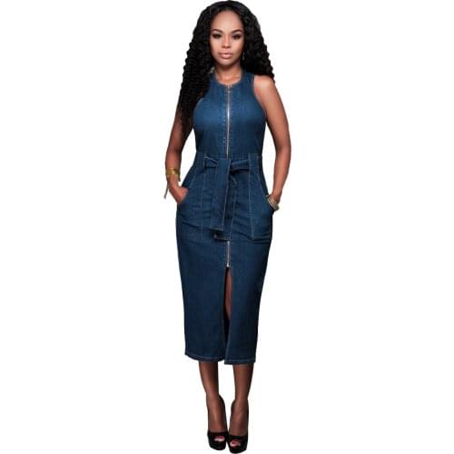 S-XL Women Denim Dress Summer Sleeveless Zip Up Bodycon Midi Jean Dresses with Belt