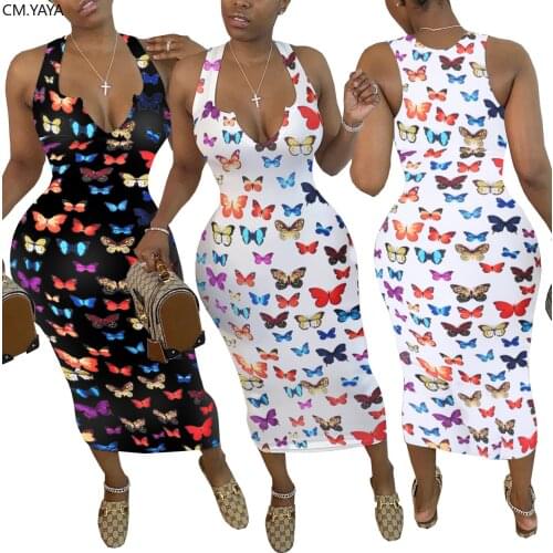 CM.YAYA Women Butterfly Print Sleeveless V-neck Bodycon Mid-calf Length Dress Sexy Party Club Midi Bandage Pencil Dresses