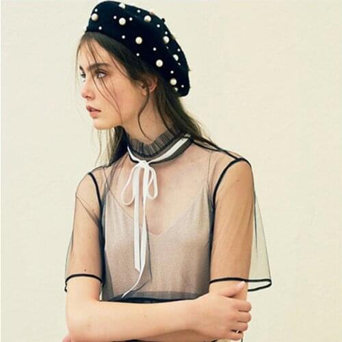 2021 Winter Hat Knitted Wool Beret Bonnet Female French Winter Warm Pearl Berets Caps For Women Beading Ski Boina Painter Gorras