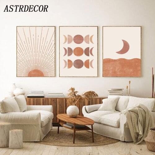 ASTRDECOR Mid Century Art Print Moon Phase Canvas Poster Abstract Sun Painting Neutral Posters Geometric Picture Boho Wall Decor