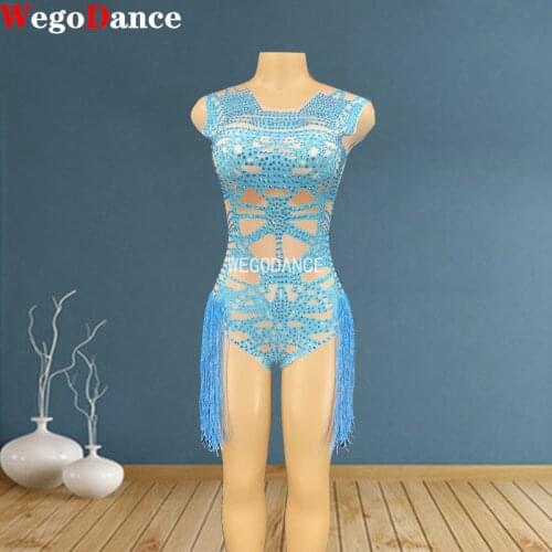 New Style Blue Rhinestone Fringe Spandex Bodysuit Women Dancer DS Party Wear Birthday Bar Singer Show Outfit