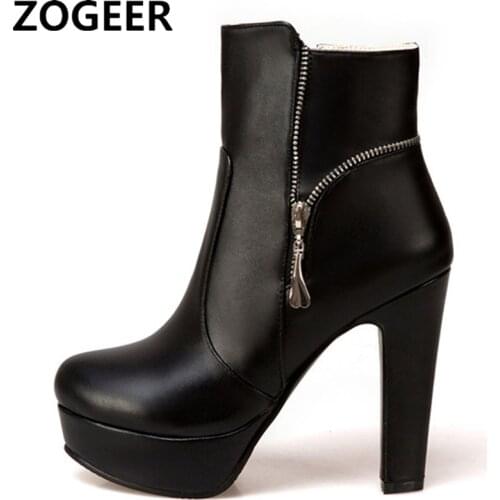 Fashion Women Ankle Boots High Heels Platform Motorcycle Boots Zipper Yellow Black White Short Shoes Female Large Size 34- 48