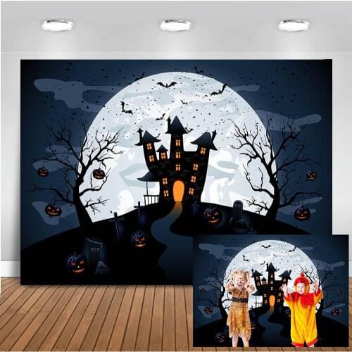 Halloween Castle Backdrop Black Forest Old Trees Night Moon Horror Pumpkin Lantern Photography Backdrops Black Bat Background