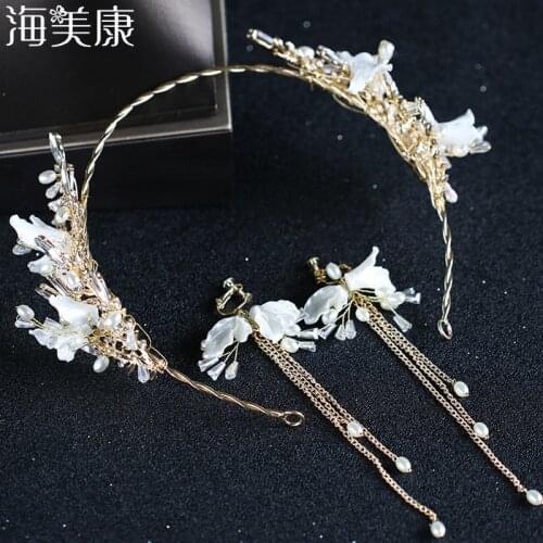 Haimeikang Wedding Headband Crown Earrings Set Crystal Pearl Lily Petals Party Wedding Hair Accessories Romantic Bridal Tiara