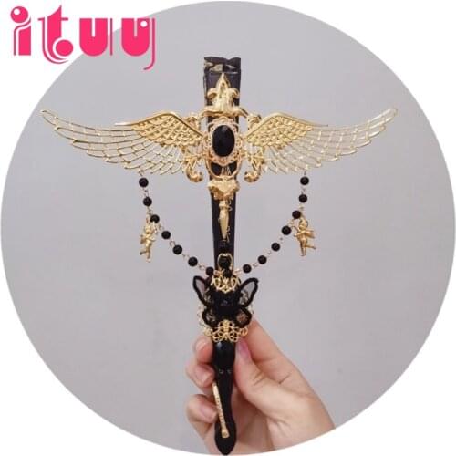 Lolita Angel Wings Black Folding Fan Wedding Dance Party Flower Lace Fan Hot Stamping Folding Hand Held Fan Props