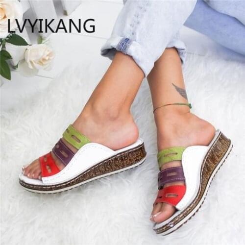 Plus Size 35-43 Summer 2019 New Summer Women Slippers Leather Ladies Open Toe Casual Platform Wedge Slides Beach Shoes For Woman