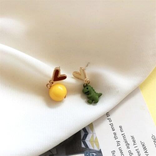 Cartoon Animal Orange green Cute Little Dinosaur Heart asymmetry Stud Earrings metal Simple Sweet Ear Jewelry Women Girl