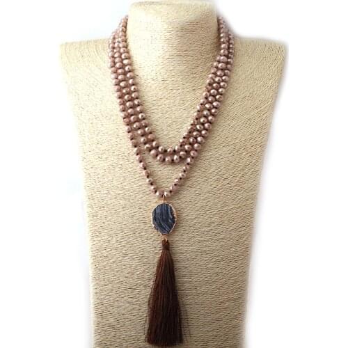 Fashion Bohemian Jewelry long Knotted Halsband Brown Crystal Druzy Link Long Tassel Pendant Necklace
