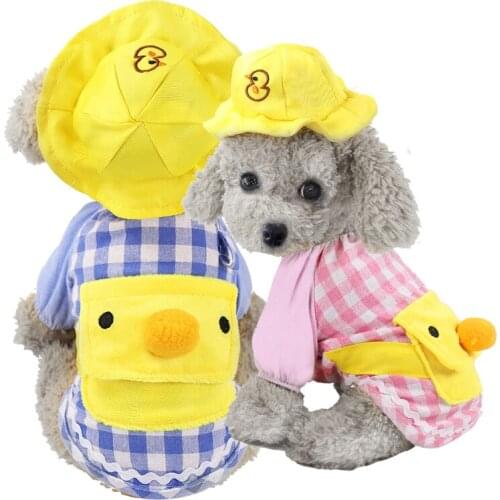 Cartoon Pet Clothes Dog Hoodie Set Yellow Duck Plaid Hoody With Hat For Small Dogs Chihuahua Puppy Cat Bag Sweatshirt with Hole