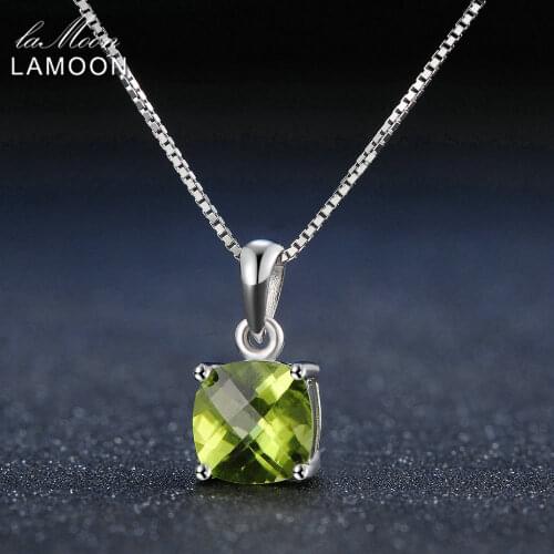 Lamoon 7mm Natural Square Peridot 925 Sterling Silver Simple Pandent Chain Necklace Women Jewelry S925 LMNI037