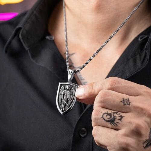 St michael the archangel pendants necklaces 316 stainless steel mens angle pendants necklace free chain 24 inch