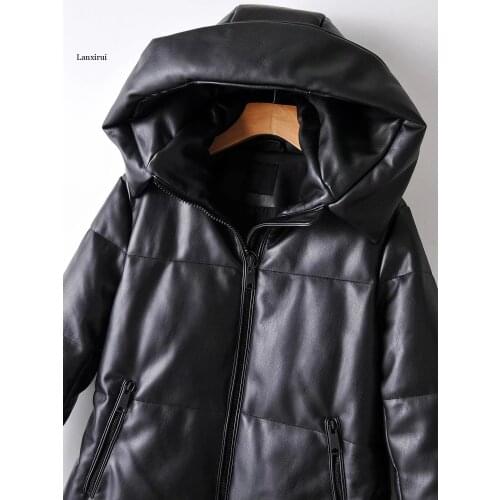 Winter Women Thick Warm Oversize Faux Leather Hoodie Parkas Zipper Long Jacket Coat Female Outwear Tops Casual Loose Overcoat