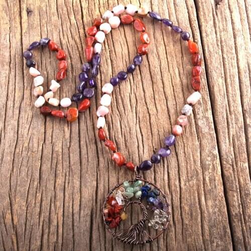 RH Fashion Boho Jewelry Random Shape Stones Knotted Rainbow Circle Round Pendant Necklaces Women Bohemia Necklace Gift