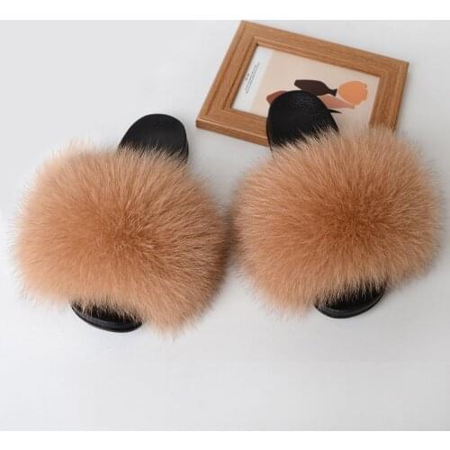 Hot Summer Women Fox Fur Slippers Real Fur Slides Indoor Female Flip Flops Casual Raccoon Fur Sandals Fur Fluffy Plush Shoes