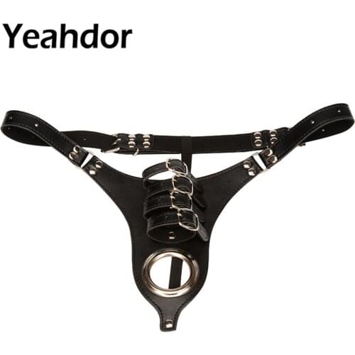 Mens PU Leather Panties C-String Thongs Adjustable Sexy Lingerie Panty Male Flirting Belt with Cock Penis Rings Adult Sex Toys