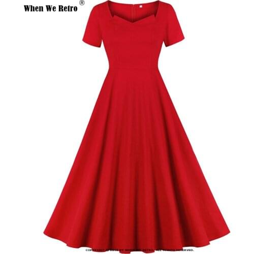 Solid Color Short Sleeve Red Maxi Long Dress VD1926 Cotton 50s 60s Midi Length Women Retro Vintage Dress 2021 Robes