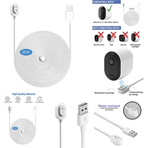 25ft/7.6m Weatherproof Outdoor Charging Cable for Arlo Ultra/Ultra 2/Pro 3/Pro 4(White