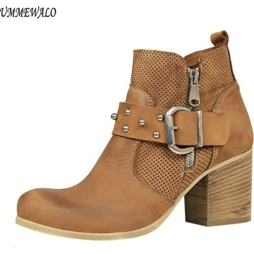 UMMEWALO Fashion Ankle Length Flock Boots Women Round Toe High Heel Shoes Winter Ankle Boots Ladies Shoes