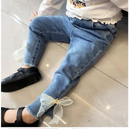 2021 Spring Autumn Girls Fashion Jeans Pant with Butterfly Baby Kids Children Denim Trousers