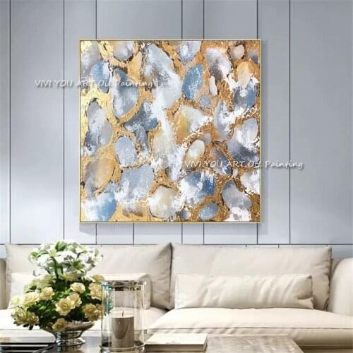 The High Quality Handpainted Canvas Painting Modern Simple Gold Blue White Artwork Picture Thick Oil Wall Art Circle Decoration