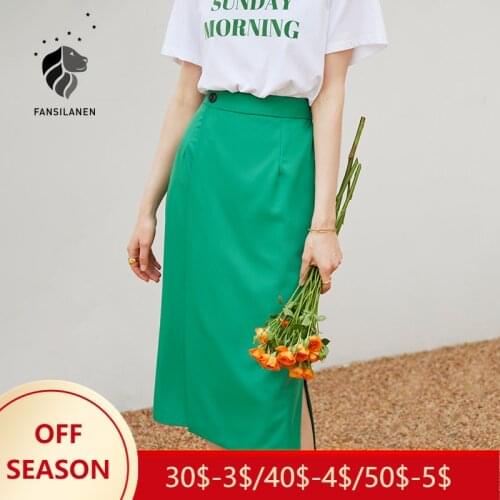 FANSILANEN Office Lady Korean Green High-Waist Side Slit Half Skirt Women 2021 Summer New Style Niche Straight Flower Skirt