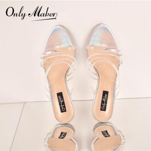 Onlymaker Womens Summer Slip-On Sandals PVC Band Pointed Toe Stiletto High Heel Slippers Large Size Concise Casual Fashion