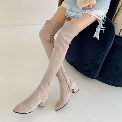 Concise 2021 Women Over The Knee High Sock Boots Winter Warm Fleece Stretch Suede High Heels Zip Thigh High Long Boots Size 40