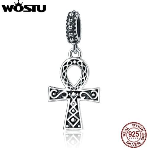 WOSTU 925 Sterling Silver Classic Catholic Cross Pendant Charms Clear CZ Fit Original Charm Bracelet Jewelry making Beads