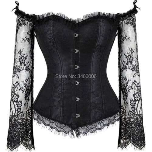 Womens Overbust Corset with Sleeves Vintage Victorian Retro Burlesque Lace Corset and Bustiers Top Vest Fashion White Black
