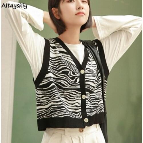 Zebra Striped Sweater Vest Women Single Breasted V-neck Korean Style Ladies Crop Female Clothing Knitting Jacquard Comfortable