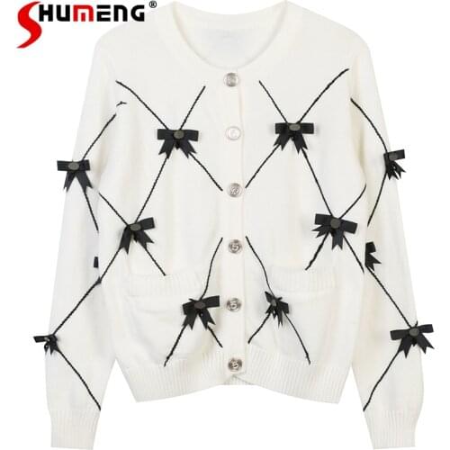 2021 Autumn New Womens O Neck Long Sleeve Bowknot Stitching Knit Cardigan Loose White Knitted Thick Cardigan Ladies Knitwear