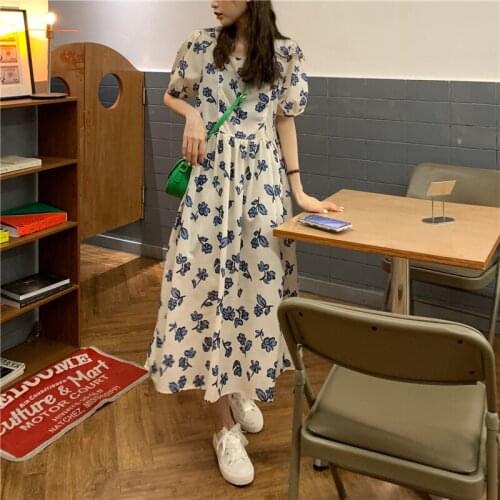 2021 Summer Floral Cotton Short Sleeve Dress Puff Sleeve Square Neck Long Temperament Ladies Dress