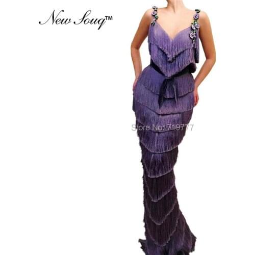Tassel Purple Mermaid Evening Dresses Spaghetti Straps With Crystals Sexy Party Gowns 2019 Couture Robe De Soiree Prom Dresses