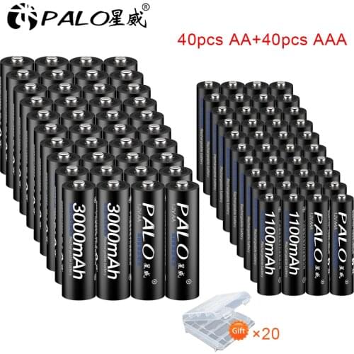 PALO 40pcs 1.2V NIMH aa 3000mah Rechargeable Battery with 40pcs 1.2v 1100mah aaa Rechargeable Battery