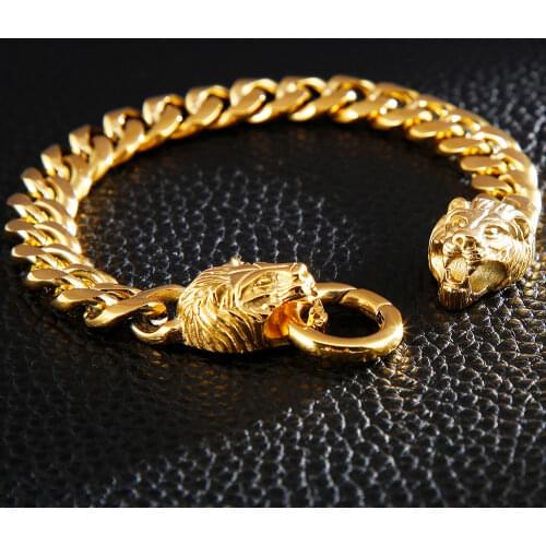 Mens Vintage Stainless Steel Curb Chain Double Lion Head Bangle Bracelet For Men Black Gold Color Biker Jewelry New Dropshipping