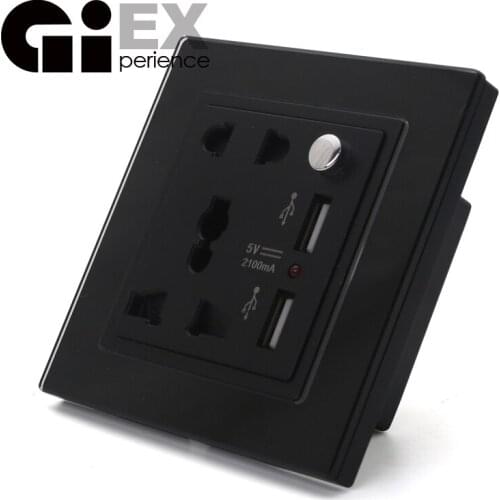 Black Glass Panel 10V Universal Socket + 2 USB 5V Same Color As Touch Switch Customizable Siamese Switch & Socket 90-250V