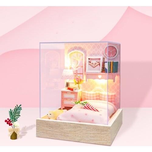 DIY Wooden Doll House Kit Pink Room Miniature with Furniture Light Dollhouse Roombox Assembled Toys for Children Girls Gifts