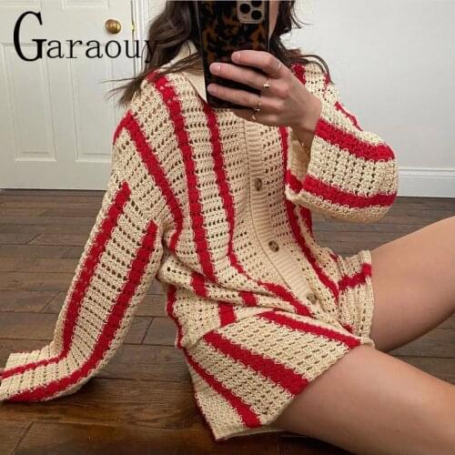 Garaouy 2021 New Women Spring Autumn Sweet Casual Lapel Long Sleeve Striped Breasted Shorts Suit Hollow Knitted Cardigan Coat ZA