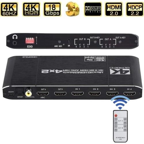 HDMI Matrix 4x2 Switch Splitter 4K@60Hz HDMI-compatible 2.0 Matrix with audio HDR HDCP 2.2 IR Remote Control Spdif 4K 4x2 Matrix