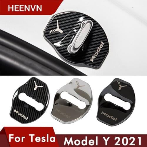 Heenvn Car Door Lock Buckle Cover For Tesla Model Y 2021 Accessories Door Lock Carbon Fiber Metal Sticker Automobile decoration