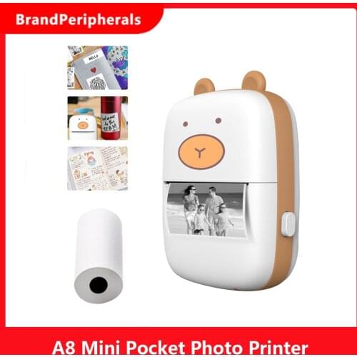 A8 Mini Pocket Photo Printer Portable Mobile Thermal Printing Machine 203DPI Wireless BT Connection with 1 Roll Thermal