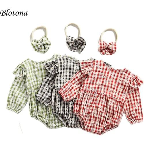 Blotona Toddler Baby Long Sleeve Romper + Bow Headband, Daisy Plaid Print Ruffle Decoration Bodysuit Spring Clothing, 0-24Months