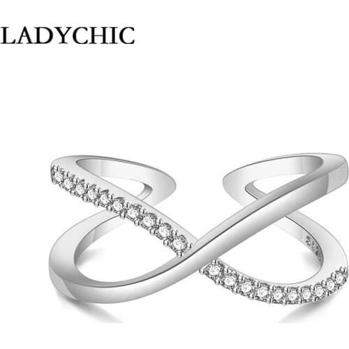 LADYCHIC Charm Simple Cross Design Rose Gold & Silver Color Opening Rings for Women CZ Crystal Jewelry Wedding Party Ring Gifts