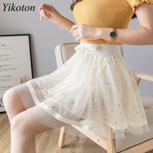 Sexy Mesh Mini Skirts Women Bow School Kawaii Skirt Female Faldas High Waist Chic A-line Short Skirt Sweet Young korean Fashion