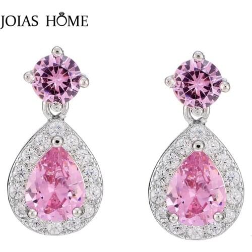 JoiasHome Fashion 925 sterling silver earrings with twin diamond drop pink crystal ear jewelry engagement dinner gift